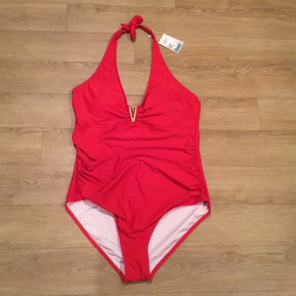 Women’s Plus Size Tummy Control Halter V Neck Ruched One Piece Bathing Suit - Picture 2 of 4